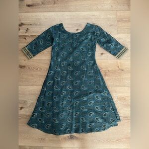 Blue paisley peacock print cotton shift dress size xs
